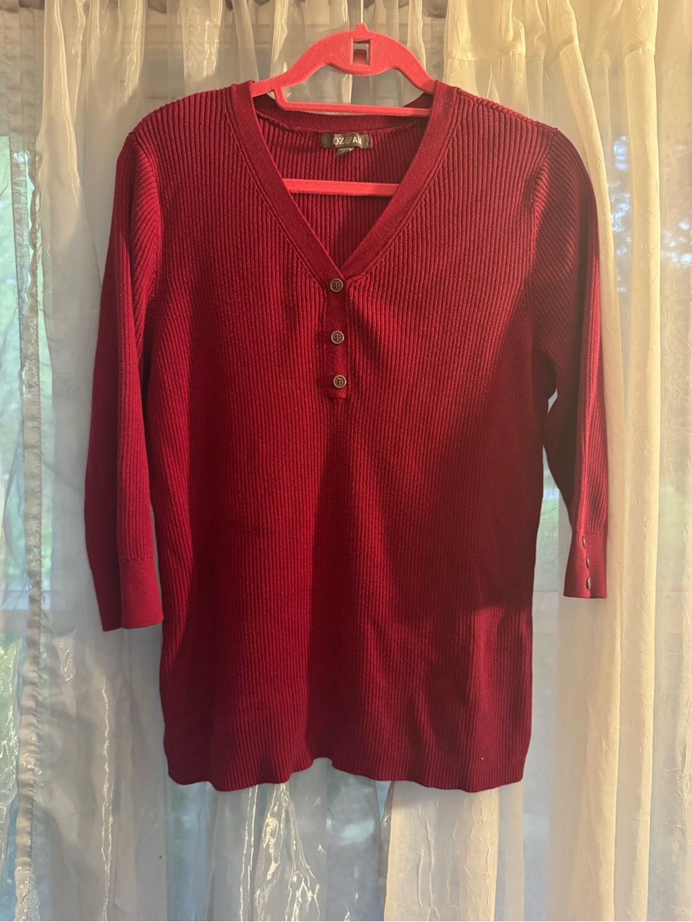 Ribbed V-Neck Button Front Tunic Dark Red Sweater